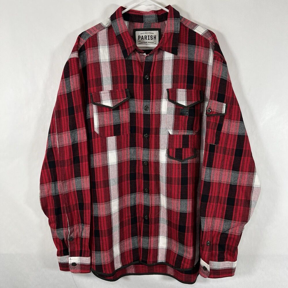 Parish Nation Button Up Flannel Shirt Men 3XL Red Black Plaid Heavyweight Cotton - Picture 1 of 13